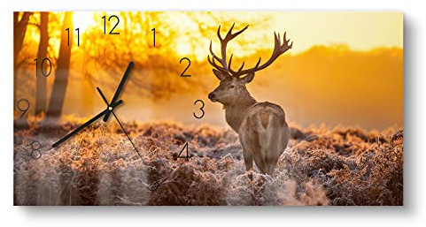 DEQORI Glasuhr | vertikal 60x30 cm | Motiv Hirsch am Wintermorgen | große XXL Design Uhr aus Glas | leise Wanduhr für Wohnzimmer & Küche | Moderne Hingucker Uhr für die Wand