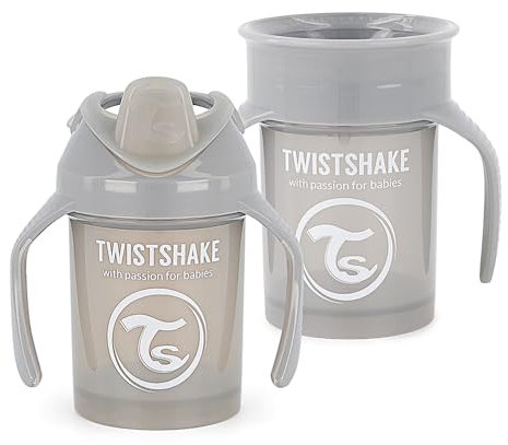 Twistshake 360 Cup + Mini Cup | Baby-Schnabeltassen mit 360°-Trinkrand und weichem Trinkschnabel mit Fruchtmixer – 230 ml | Lernbecher für Kinder mit Henkeln | Auslaufsicher | BPA-frei | Grau