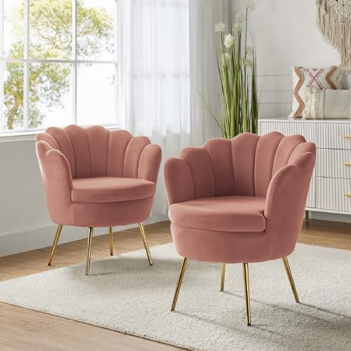 FABRICATION HAUS Velvet Armchair Comfy Accent Chair with Seashell Back and Metal Leg Tub Chair for Living Room Bedroom, Set of 2 Pink