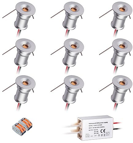HHTUN Mini Downlight DC12V 1W 3000K 9 Pack Silver Shell, Used for Indoor Wardrobe Lighting, Cabinet Lighting, Artwork Mini Light, Embedded Downlight, DIY Mini Light (3000K,Silver,9Pack)