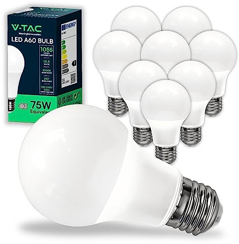 V-TAC 10x Bombillas LED E27, Edison - A60 10,5W (Equivalente a 75W) - 1055 Lumen - 3000K Blanco Cálido - Apertura del Haz de Luz 200° - Máxima Eficiencia y Bajo Consumo,
