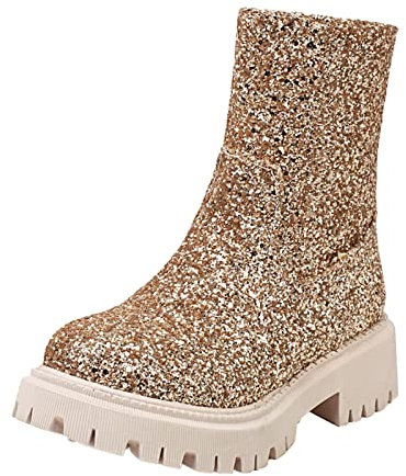 Stiefeletten Damen Niedrigem Absatz Schuhe England-Stil Dicker Boden Bequeme Freizeitstiefel Runde Zehenkappe Kunstleder Schneestiefel Boots Damen mit Pailletten (Gold, 41)