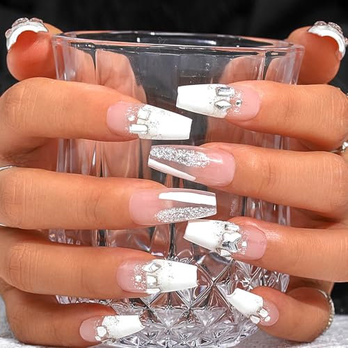Sethexy French Long Coffin Pink False Nails Handmade Rhinestone Glitter Fake Nails 3D Crystal Glossy Press On Nail Hand-painted Acrylic Sparkle Stick On Nails Removable for Women and Girls (S)