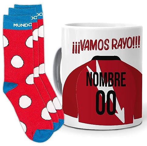 mundohuevo Regalo Original Equipo de Futbol. Taza (Personalizada) y Trio de Calcetines. Rayo. Personaliza la Taza con el Nombre y Numero Que Quieras