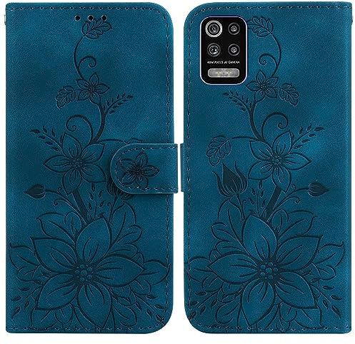 BLOTECH Schutzhülle für LG K52/LG K62/LG Q52 Hülle Leder,Handyhülle für LG K52/LG K62 Stoßfeste Handytasche Magnetisch Prägung Flip Blumen PU Leder Tasche Wallet Case für LG K52/LG K62/LG Q52,Blau