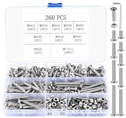 Set di 260 viti M5 a testa bombata esagonale con dadi, kit di viti filettate per macchina