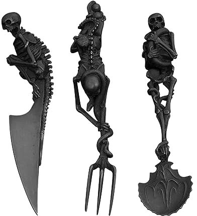 PRIMUZ Skelett-Besteck-Set, 24-teilig, Halloween-Skelett-Besteck, Geschirr, Skelett-Gabel, Edelstahl-Totenkopf-Besteck, Gothic-Besteck-Set für Feiertagsparty-Utensilien