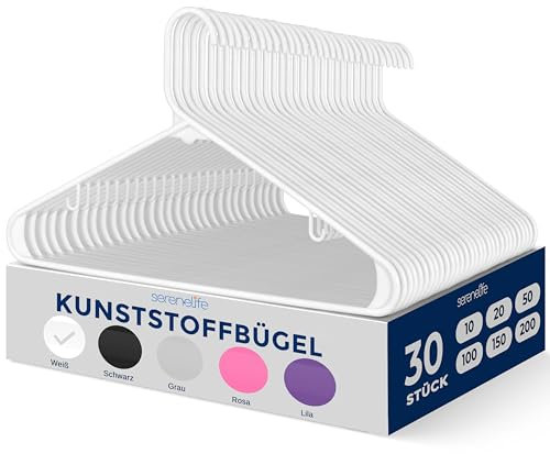 SereneLife 30er Set Kleiderbügel Kunststoff, Kleiderbügel Platzsparend weiß, Hangers rutschfest, 0.6cm dick, 42cm lang, Bügel für den Kleiderschrank & Garderobe, Ideal für Jacken, Hemden & Hosen