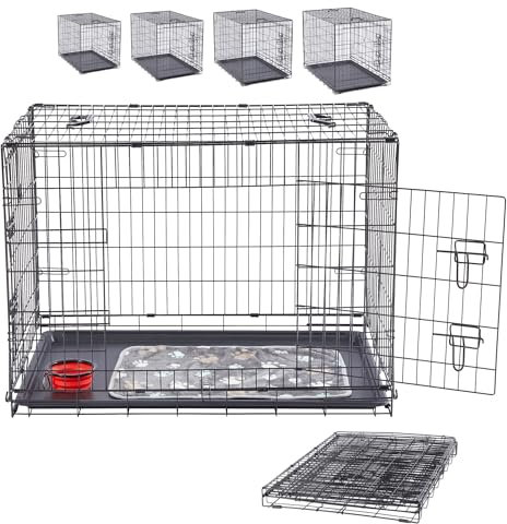 Arebos Hundekäfig 107 x 71 x 77,5 cm | Hundetransportbox Auto klappbar | Hundebox faltbar | Transportbox Hund mit 2 Türen | Hundekäfig für Zuhause | XL Schwarz
