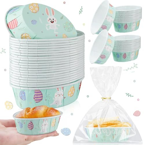 FillTouch 25 Pcs Easter Bunny Eggs Paper Loaf Pans 3 x 2 x 1.1'' Mini Loaf Pan Liners with Clear Plastic Bags and Ties Disposable Oval Cake Cups Paper Baking Mold for Baking Cupcake Bread Cake Muffin