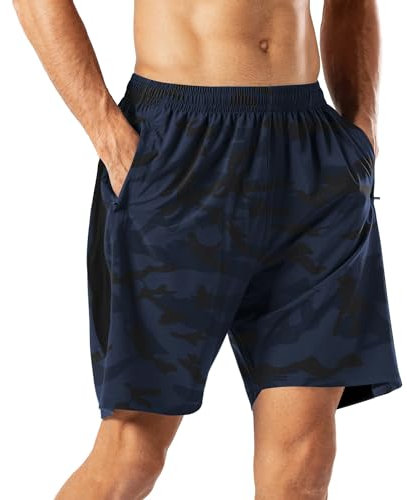 HMIYA Herren Sport Shorts Schnell Trocknend Kurze Hose mit Reißverschlusstasch (Camouflage Navy,L)