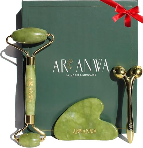 Premium Gua Sha und Jade Roller Set + 3D-Massager für straffe Haut und definierte Konturen - Hautpflege- und Lifting, Face Yoga Set aus echter Jade