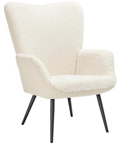 TecTake® Fauteuil Relax Confortable en Tissu Bouclette Fauteuil Scandinave Moelleux avec Accoudoirs & Dossier Ergonomique pour Salle à Manger, Salon, Chambre, Siege Bureau, Allaitement Crème/Noir