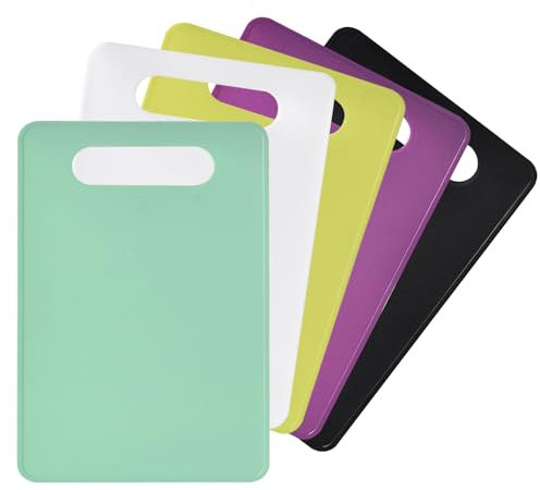 Planche à Découper en Plastique, Set de 5 Planches à Découper Plastiques Couleur avec Poignée, Planche à Découper Antibactérien Antidérapant, Sans BPA, Lave-vaisselle, pour Viande Légumes Fruits
