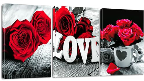 Sungeek 3 Teilig Leinwandbilder mit Holzrahme, Leinwanddruck Bilder 30 x 40 cm, Moderne Wandbilder Kunstdruck Wand Dekoration für Wohnzimmer Schlafzimmer Home Esszimmer Büro (Rote Rose)