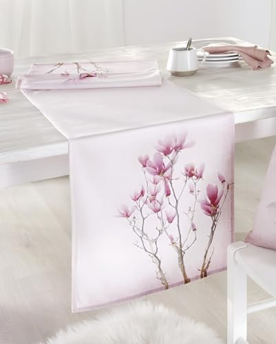 Dekoleidenschaft Tischläufer Tulpenmagnolie in Samt Optik, 40x140 cm, Tischband in rosa mit Blumen-Motiv, Mitteldecke