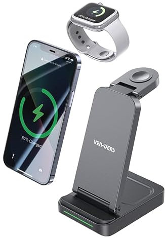 VEN-DENS Wireless Charger Stand-3 in 1-Wireless Charging Station for iPhone 15/14/13/12/11/Pro/Max, Fast Charging Stand for Apple iWatch Ultra2/9/8/7/6/5/4- Docking Station for AirPod Pro/3/2- Black