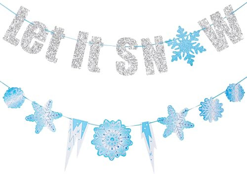 SUNBEAUTY Silber Glitter Let It Snow Garland Glitter Winter Banner Winter Wonderland Dekorationen mit Schneeflocken Girlande für Weihnachten Party Supplies