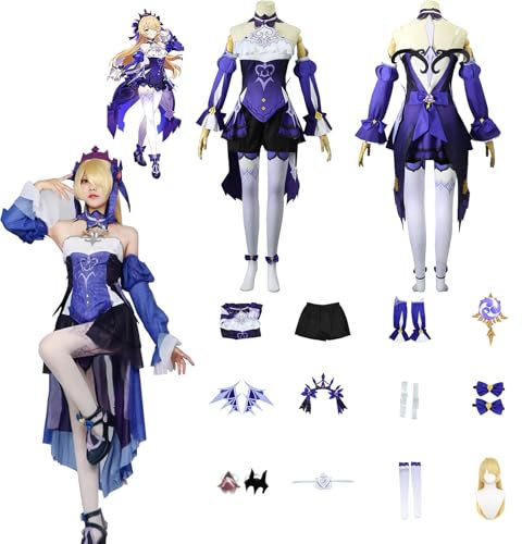 Daotutu Spiel Genshin Impact Cosplay Kostüm Outfit Rolle Fischl Cosplay Uniform Komplettset Set Halloween Karneval Party Dress Up Anzug mit Perücke (S)