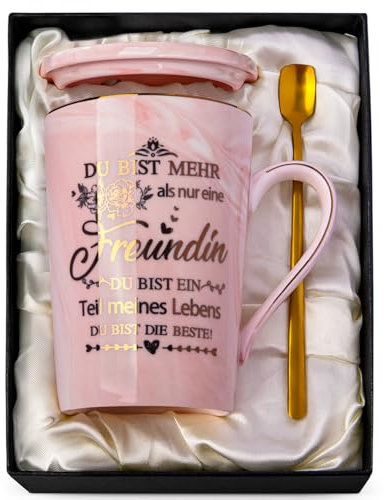 Doublewhale Beste Freundin Geschenke, Bester Freundin der Welt Becher, Geburtstag Freundinnen Tasse,14 Oz Frauen Geschenk Rosa Freundschaft Keramikbecher mit Deckel, Geschenkbox