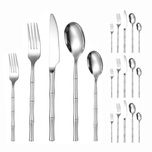 Imitation Bamboo Handle Design Kitchen Stainless Steel Silverware Tableware Flatware Cutlery Set Steak Knife Fork Spoon Teaspoon (Silver,20 pieces)