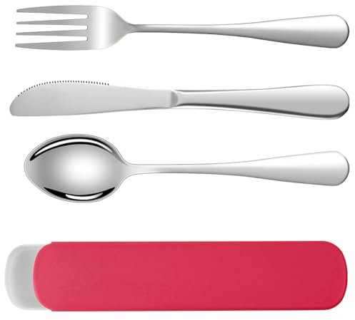 HOTUT 3 Pcs Travel Cutlery Set, Portable Stainless Steel Flatware with Pouch Case, Reusable Utensils for Home, Outdoor, Travel, Picnic, Office, School Lunch Box, Red
