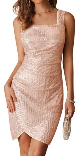 GRACE KARIN Damen Glänzend Partykleid Bodycon Club Abendkleid Festliches Kleid Eckiger Ausschnitt Vintage Kleid Cocktail Midi Kleid S Champagner Roségold