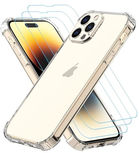 Totill 4 in 1 Case for iPhone 14 pro with [3 Pack] Tempered Glass Screen Protectors, Crystal Clear Phone Cover, Scratchproof and Shockproof, Compatible with Wireless Charger and Bike Phone Holder