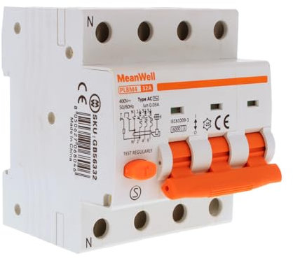 MeanWell Leitungsschutzschalter, dreiphasig, 380 V, RCBO 3P+N C32 32 A, Typ AC Kurve C 30 mA 6000 A, 4 Pole belegt 4 Module DIN-Schiene
