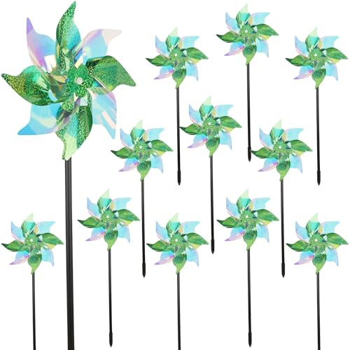 winemana 12 Pcs Reflective Pinwheels Outdoor, Wind Spinners for Yard & Garden, Sparkly Bird Repellent Windmill Scare Birds Away, Deterrent Devices for Outside Patio Lawn Spring Decor (Green)