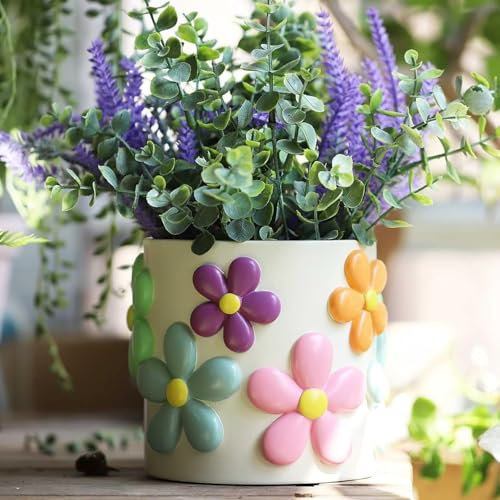 AmiCera Bunte Blumen Blumentopf, Niedliche Einzigartige Übertöpfe für Zimmerpflanzen, Vintage Retro Eklektische Pflanztöpfe mit Drainage, Boho Modern Übertopf Home Décor Funky Garden Geschenk, Weiß