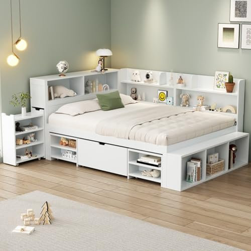 Dolamaní Multifunktionales Stauraumbett 140x200 cm mit Schubladen, Bücherregal und Stauschrank, großer Stauraum, Jugendbett, Doppelbett, Bett mit Lattenrost (Weiß)