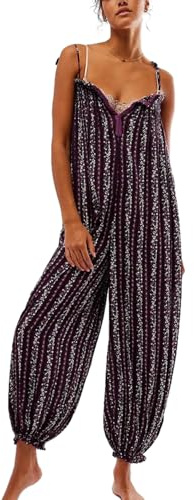 Felcia Women's Harem Jumpsuit Vintage Floral Printed Baggy Romper Sleeveless Spaghetti Strap Going Out Overall Playsuit Streetwear (A-Fuchsia, S)