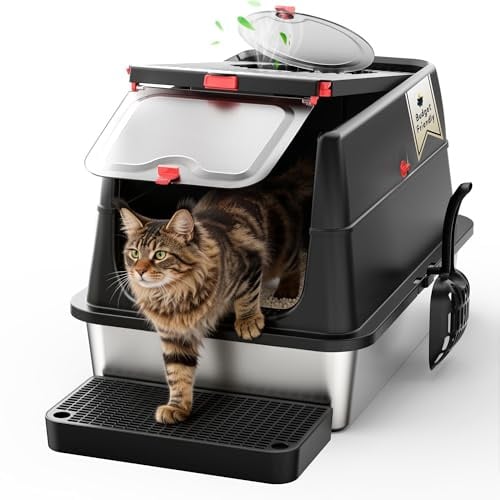 BEST JAJA Edelstahl-Katzenklo XXL mit Deckel, 61,9 × 41,9 × 37 cm, schwarz | 304-Edelstahl, 3-in-1-Bauweise, 160°-Klappöffnung und Front- oder Obereinstieg für eine einfache tägliche Reinigung