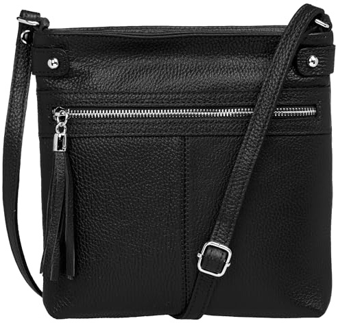 Caspar mittelgroße Leder Crossbody Messenger Bag Umhängetasche klassisch sportliche Damen Tasche - CLASSIC LINE - Modell No.825 - Made in Italy, Farbe:schwarz