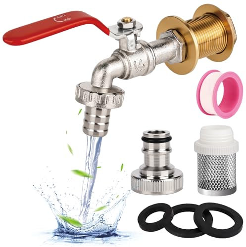 Kugelauslaufhahn 1/2 Zoll Kugel-Auslaufventil Messing Wasserhahn Regentonne Universal Frostsicher Garten Wasserhahn mit Schlauchverschraubung+Filtersieb,Regenwassertank IBC Tank Zubehör