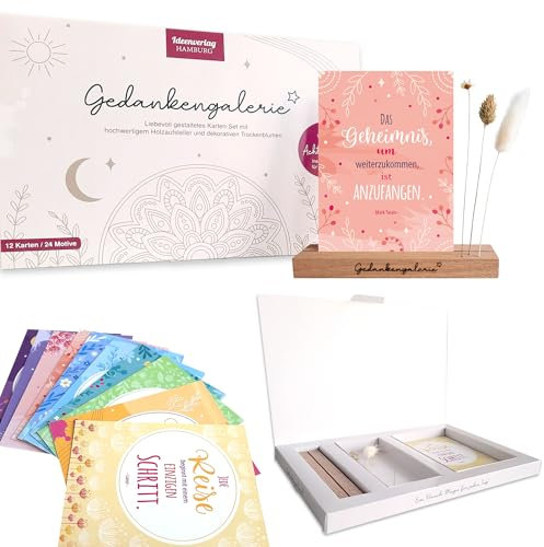 Gedankengalerie – Achtsamkeits-Set mit 12/24 Affirmationskarten & Trockenblumen | Edler Holzaufsteller aus Eiche – Handgemacht in Deutschland – Frauen Geschenk & Deko für Frauen