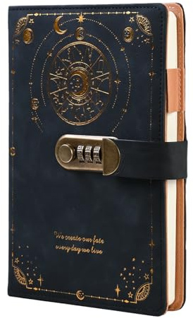 Kaiyzo A5 Vintage Diary with Lock, Daily Journal with Lock in PU Leather, Journal Notebook, Lockable Diary with Pen Holder and Card Slots, Leather Notebook, Black