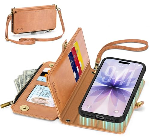 TUCCH Hülle für iPhone 17 6,3, Ständer Hellbraun | Magnetisches Case, PU Leder, Kabelloses Aufladen, Crossbody Band, Reißverschluss-Geldbörse, RFID Blocker, Kartenfächern