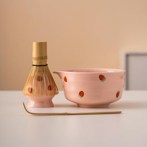 Drqzwp Matcha Set Rosa, Erdbeer Macha Tea Set, Japanisches Macha-Zeremonien-Set, Matcha Schale und Bambusbesen, Tee-Starter-Sets, Einzigartiges Geschenkset für Sie/Frau/Paare
