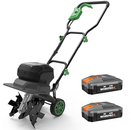 WORKPROX Motozappa Elettrica Senza Fili 40V, Lavoro 30 cm x 20 cm, doppia Batteria 4000 mAh, Manubrio Pieghevole, Ruote Regolabili in 4 Posizioni - Compatta e Silenziosa per Giardino, Orto e Frutteto