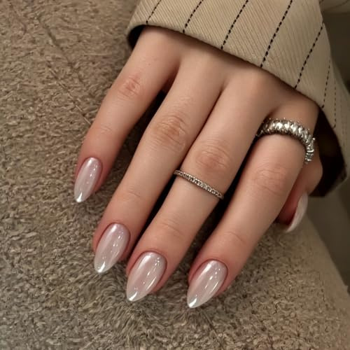 SXVME Chrome Press On Nails Short Almond, 30 Pcs Glazed Pearl White False Nails With Shimmer Mirror Effect, Reusable Thick Quality, Donut Bling Fake Nails Press ons for Women Daily Bride Wedding