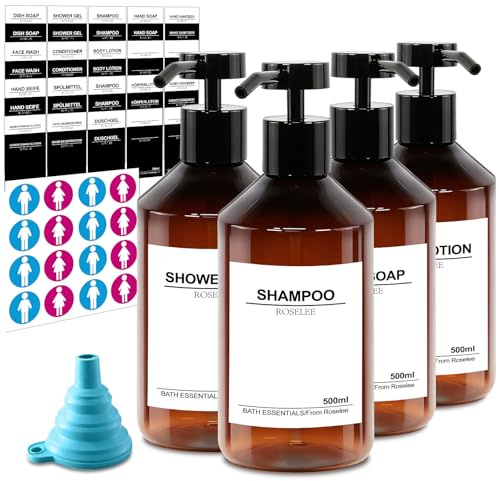 4er Seifenspender Braun Set | 500ml Shampoo Spender Flaschen zum Befüllen mit 56 Wasserdichten Etiketten | Duschgel Spender Kunststoff | Spülmittelspender für Küche Badezimmer Dusche Hotel