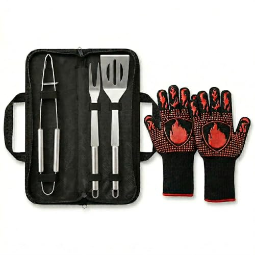 Set Accessori Barbecue, Pinza, Spatola, Forchettone, Guanto BBQ e Borsa | Atrezzatura professionale per professionisti della brace