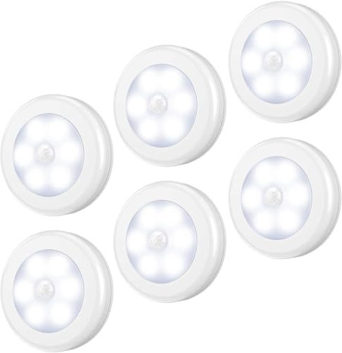 Criacr Motion Sensor Light, Battery Powered Under Cupboard Night Light with Adhesive Pads and Magnet, 6 LED Wardrobe Night Lights for Stair, Cupboard, Cabinet, Kitchen Christmas Gifts (6 Pack, White)