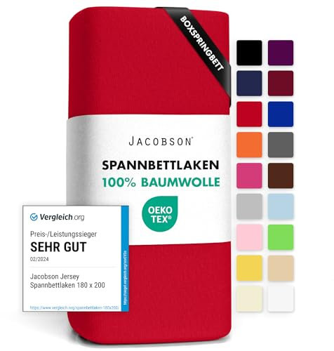 Jacobson Jersey Spannbettlaken Spannbetttuch Baumwolle Bettlaken (180x200-200x220 cm, Rot)