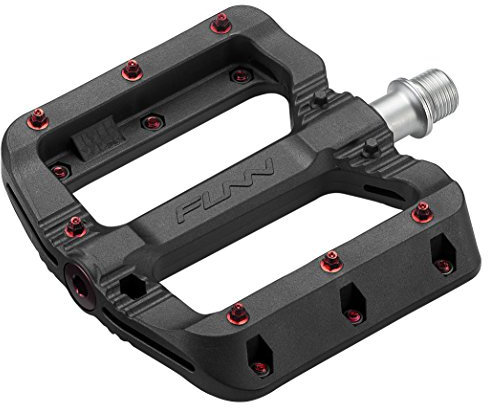 Funn Black Magic Kunststoff-Flachpedal-Set für Mountainbike - Leichte breite Plattform-Fahrradpedale für Stabilität, 9/16-Zoll CrMo-Achse Fahrradpedale für MTB/BMX/Urban/Gravel-Fahren (Rote Pins)