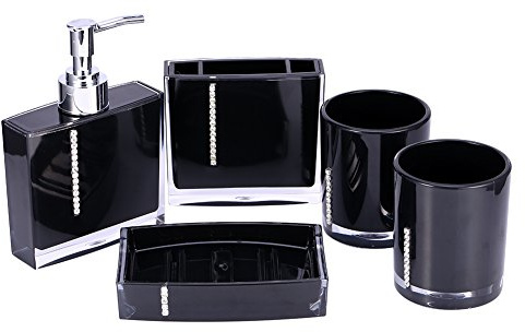 GOTOTOP Bad Set Modern 5 TLG Badset Badgarnitur Bad Accessoires Set Becher Zahnbürstenhalter Seifenablage Schwarz für Badezimmer