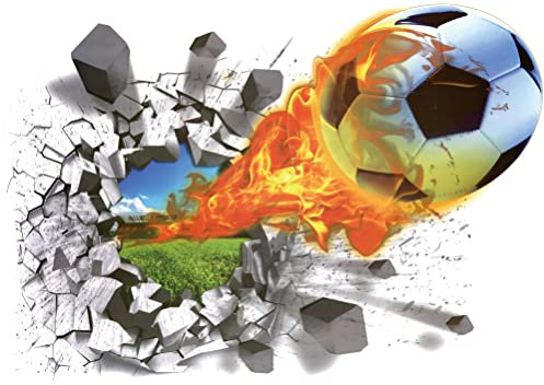 WandSticker4U®- 3D Wandtattoo FUSSBALL groß mit Feuer (50x70 cm) I Wandsticker Kinderzimmer Jungen Fussball Sport Poster I Wanddeko Fussball Jugendzimmer Deko Jungen Mädchen Tür Aufkleber COOL