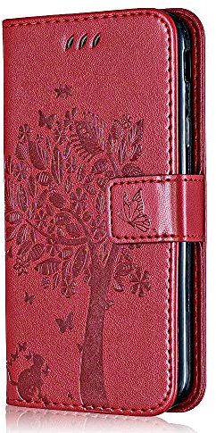 Conber Hülle für Samsung Galaxy A3 2017, PU Leder Tasche Flip Case Lederhülle Handyhülle, Vintage Katze und Baum Schutzhülle für Samsung Galaxy A3 2017 - Rot